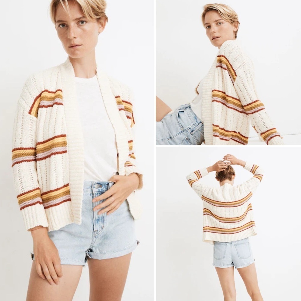 Madewell Ivory Stripped Diaz Knit Open Cardigan Women’s Size Small